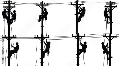 Electric workers climbing utility poles, power line maintenance and safety repair, high voltage technicians vector silhouettes illustration