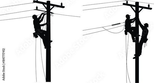 Electric workers climbing utility poles, repairing power lines, high voltage maintenance, and safety work vector silhouettes illustration