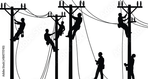 Electrical lineworkers silhouette, utility pole workers, power line maintenance, climbing linemen, electric repair, energy workers, cable technicians, high voltage safety