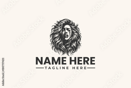 Black and white illustration of a lion's head logo with a placeholder name and tagline on a plain background, showcasing a vector design concept.