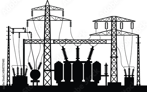 Electrical substation, power infrastructure, high voltage equipment, transformer station, electric utility grid, switchgear, energy facility, substation silhouette