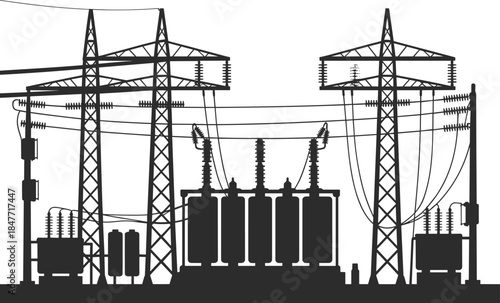 Electrical substation silhouette, power station, high voltage transformers, grid infrastructure, energy transmission, electric power facility, substation equipment, power grid