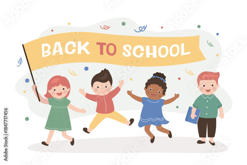 Group of multiethnic children back to school, horizontal banner. Little kids hold flag with text. Starting new educational year. School boy and girl want learning.
