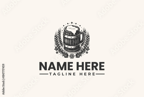Black and white vector illustration of a beer mug logo with a laurel wreath on a beige background with space for a name and tagline.