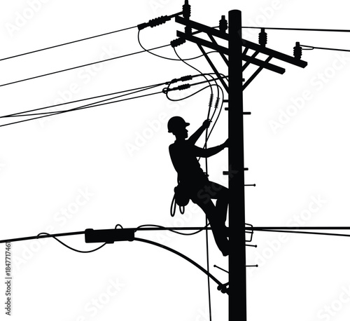 Electrician working on power pole, utility worker climbing electrical pole, high voltage maintenance, electrical repair, energy infrastructure, safety equipment, utility service