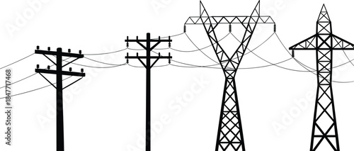 Electricity power lines and pylons vector set, utility poles, transmission towers, high voltage power grid infrastructure illustration