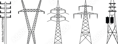 Electricity transmission towers and power line pole vector set, high voltage pylons, utility poles, energy infrastructure, electrical grid illustration