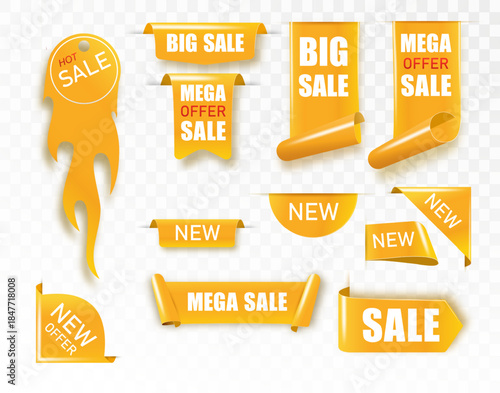 Golden satin ribbon tag. Gold textile label for sale promotion text. Discount and special offer badge. Vector