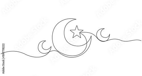 Continuous Line Drawing of Crescent Moon and Star,Continuous Line Drawing of Ramadan Lantern and Crescent Moon