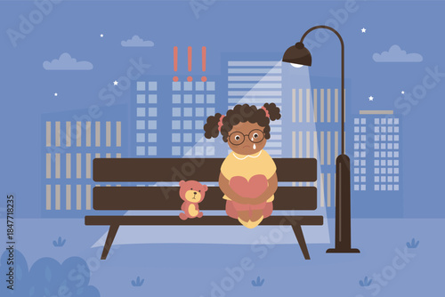 Scared girl sitting on bench. Lonely kid, female character calling for help lost on dark city street. Night scene surrounded by urban view. Lonely child, alone on street,