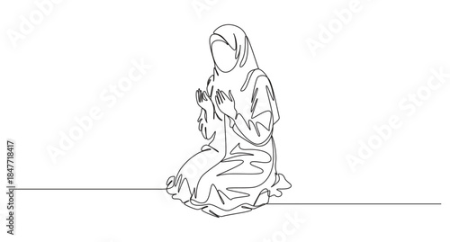 Continuous Line Drawing of a Muslim Woman Praying,Islamic holy month Ramadan Kareem concept minimalist one line art drawing vector illustration
