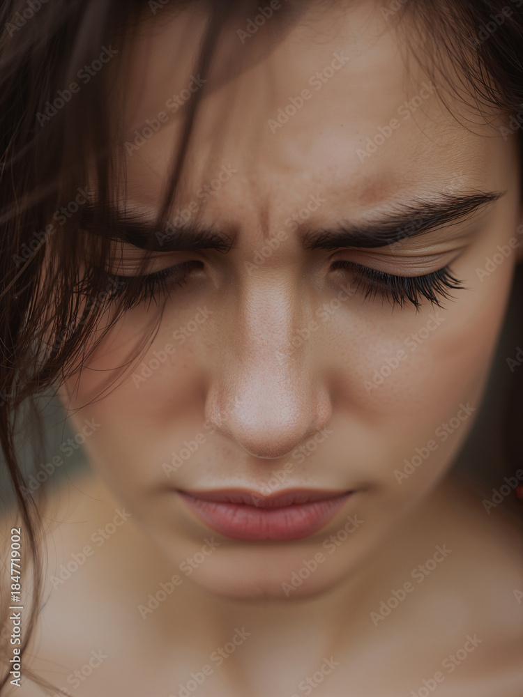Fototapeta premium A young woman looks down with a deeply concentrated or stressed expression. Her brow is furrowed, suggesting intense thought or unhappiness.