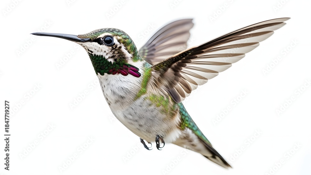 Naklejka premium A hummingbird in mid flight with its wings spread wide and feathers on display