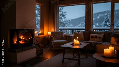 Wallpaper Mural Cozy winter scene with a warm fireplace and scenic mountain view through large windows Torontodigital.ca