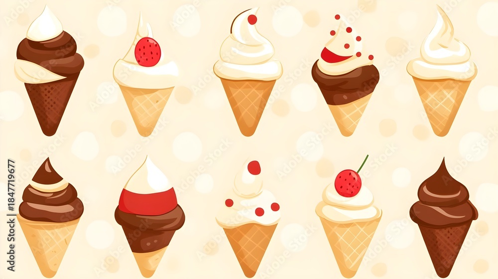 Fototapeta premium Delicious ice cream cones bakery digital art sweet treats aesthetic tasty