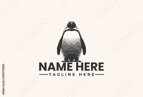 A vector illustration of a penguin logo with placeholder text on a beige background, featuring a stylized bird design and typography.
