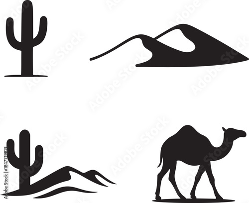 Minimalist desert landscape silhouette with camel, saguaro cactus, and sand dunes design.