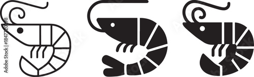 Shrimp silhouette icon set in line art and glyph styles for seafood, menu, logo, and apps.