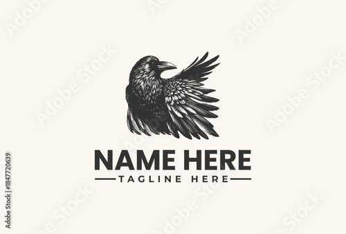 A black vector illustration of a raven with outstretched wings and a customizable text area for a name and tagline on a plain background.
