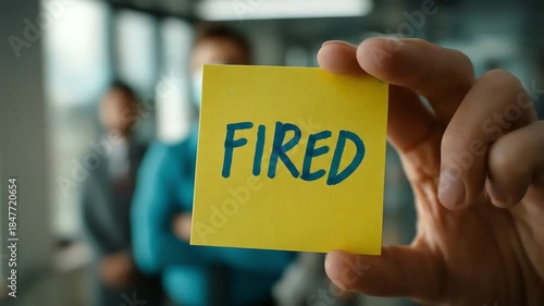 Hand holding 'FIRED' note before masked coworkers