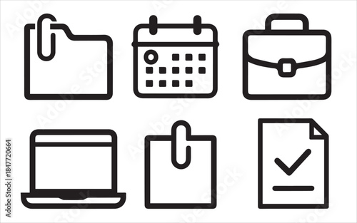 Business and office line icons set folder calendar brief laptop document collection
Set of business and office line icons including a folder with a paperclip, calendar, brief, laptop, paperclip, and d