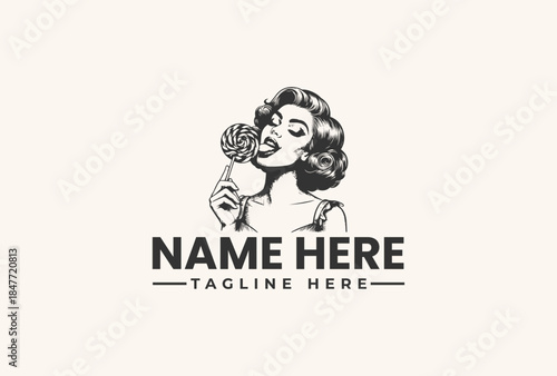 Black and white vector illustration of a woman holding a flower with a placeholder text for a logo or brand name on a clean background.