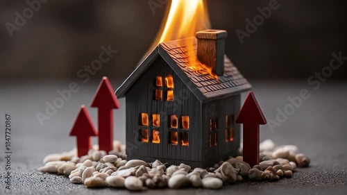 Small house model burning, glowing windows, arrows