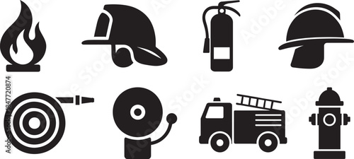 Firefighting silhouette icon collection in black featuring helmets, truck, hose, extinguisher.