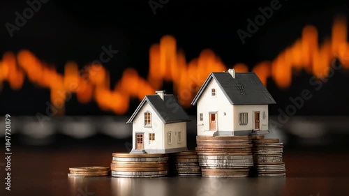 Two tiny houses on coin stacks before market chart