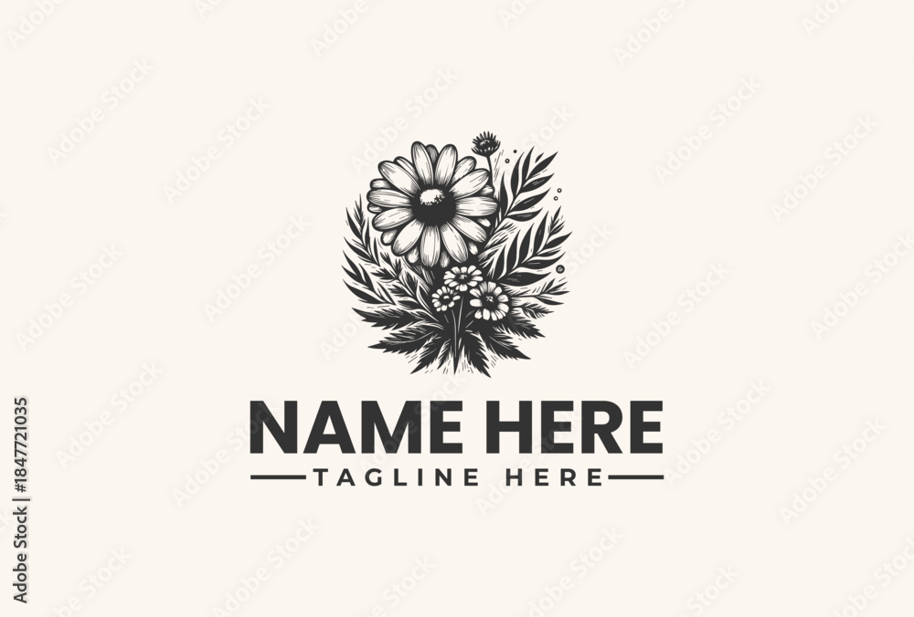 Obraz premium A black and white illustration of a floral logo with leaves and flowers, accompanied by placeholder text on a beige background.