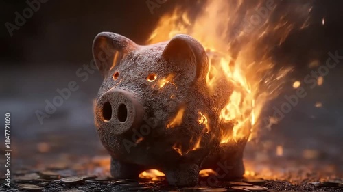 Fiery ceramic piggy bank glowing on wet pavement!!