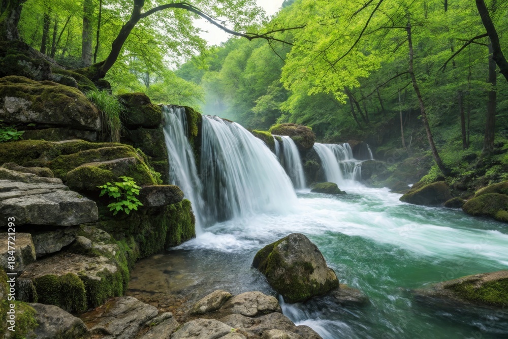 Obraz premium Cascading waterfall surrounded by lush green forest photorealistic scene nature photography closeup view serene environment tranquil landscape