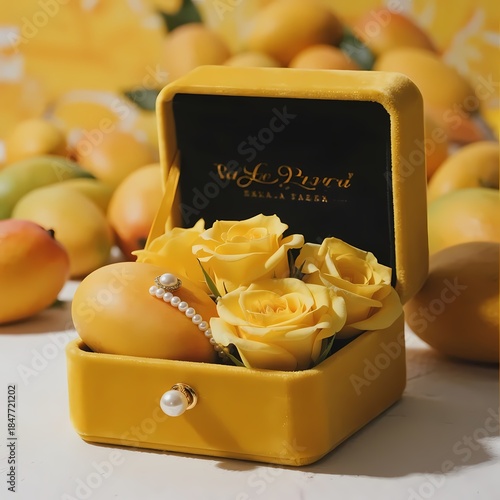 Yellow roses and a pearl bracelet in a yellow box with mangoes in the background