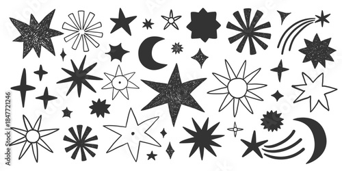 Vector set of different symbols - stars, comets, moon. Simple minimalistic elements isolated black on a white background, monochrome, black and white. Simple doodle sketch style, scribble, space.