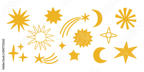 Vector set of different symbols - stars, comets, moon. Simple minimalistic elements isolated on a white background. Simple doodle sketch style, scribble.
