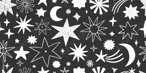 Seamless black and white  pattern with doodle stars, endless pattern. Monochrome scribble. Christmas ornament, birthday design with black background. Trendy modern vector illustration.