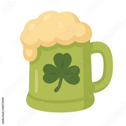 Green beer mug with shamrock and foam, Saint Patrick festive Irish vector clipart illustration.
