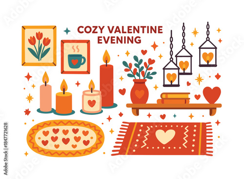 Cozy valentine linear icon set. featuring candles, rug, books, hearts, tulips, frames, and lanterns