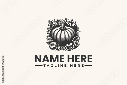 Black and white illustration of a pumpkin logo with floral elements and placeholder text on a plain beige background.