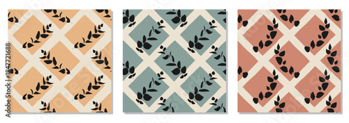 Set of trendy minimalist seamless botanical pattern with abstract creative art hand drawn composition