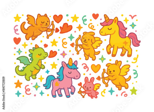 Fantasy creatures flat icon set. featuring unicorn, dragon, pegasus, cupid bear, and magic bunny