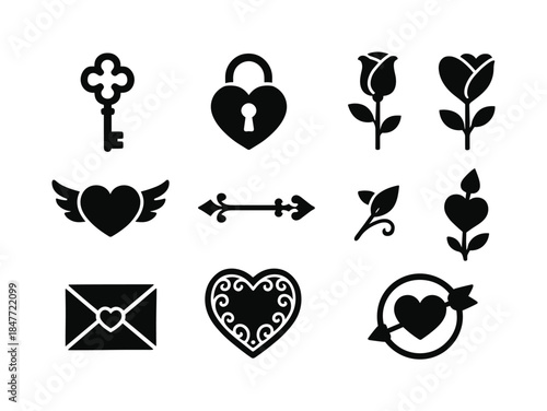 Valentine's day silhouette icon set. featuring key, lock, rose, wings, letter, arrow, heart symbols