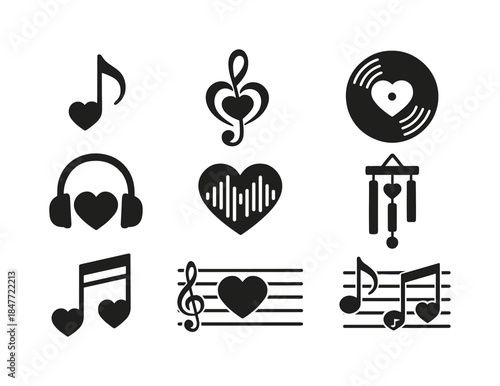 Music and love silhouette icon set. featuring notes, treble clef, record, headphones, heart, wind chime