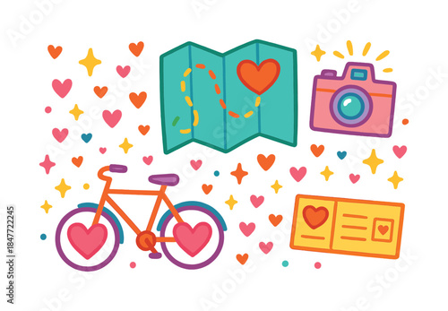 Travel and adventure flat icon set. featuring map, camera, bicycle, and ticket symbols