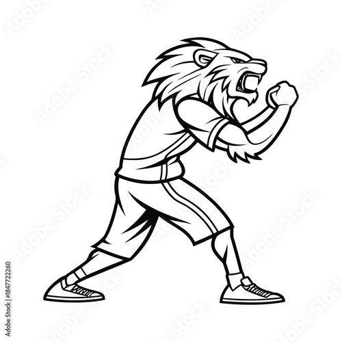Black and white illustration of a lion boxer in fighting stance animal sport