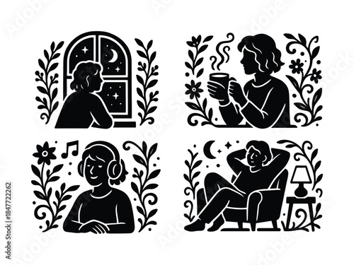 Nighttime activities silhouette icon set. featuring window gazing, coffee, music, and relaxation symbols