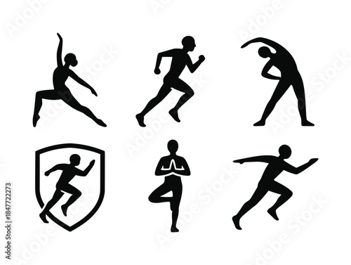 Fitness and exercise silhouette icon set. featuring yoga, running, stretching, meditation, and athletic poses
