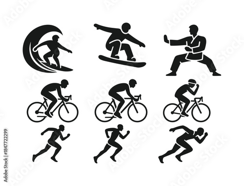 Sports silhouette icon set. featuring surfing, snowboarding, martial arts, cycling, and running symbols