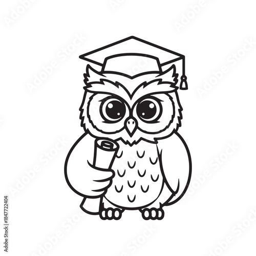 Cartoon owl wearing graduation cap holding diploma scroll on white background bird