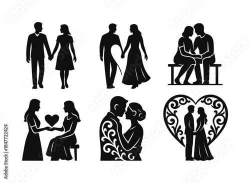 Romantic couples silhouette icon set. featuring couples holding hands, dancing, embracing, and sitting together